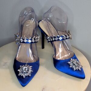 Elegant Blue Satin Heels - Gorgeous Rhinestone Feature!